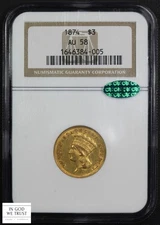 1874 $3 Three Dollar Gold Indian Princess NGC AU 58 CAC
