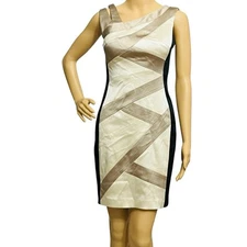 JAX Satin Dress Black Champagne Gold/Tan Split Shoulder Side/Zip Lining Sz 2