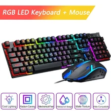 Wired Gaming Keyboard and Mouse Set RGB LED Rainbow Backlit for Computer Desktop