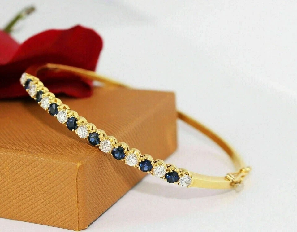 5 Karat Simulierte Blauer Saphir & Diamant Armreif Armband IN 14K Gelb Vergoldet - Bild 4 von 4
