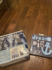 Tender Kisses Anchor Nautical Navy Blue Stripe crib, bedding, plus canvas Art