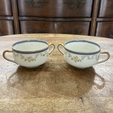 Set 2 Haviland Limoges Floral Garland Blue Trim Double Handle Cream Soup Bowls