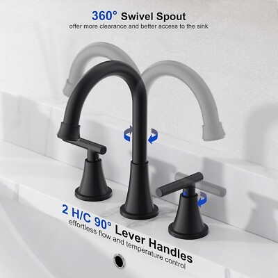 GGStudy Waterfall Widespread Bathroom Faucet – Matte Black, 3-Hole 2-Handle, With Drain Assembly, 1.2 GPM