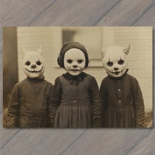Art Print Children in Eerie Creature Masks Strange Old-Fashioned Halloween Kids