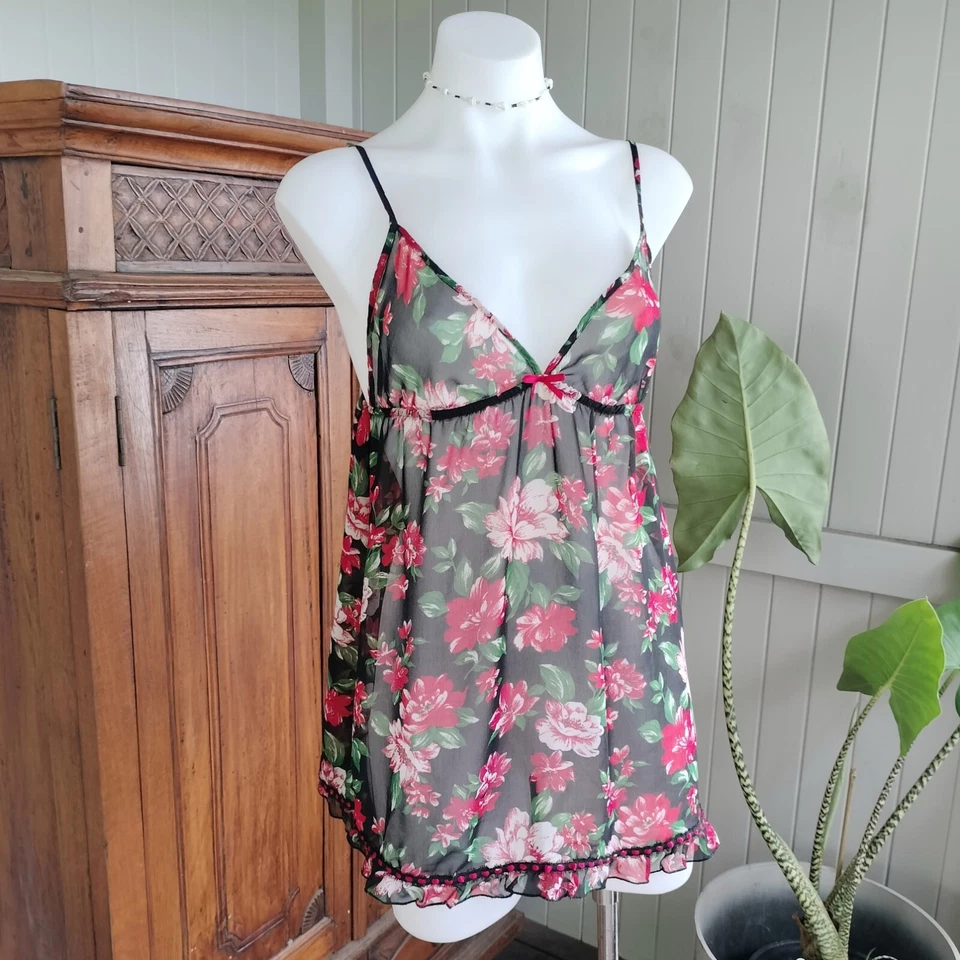 Forever 21 Womens Babydoll Cami Tank Top Womens Black Floral Sheer Size S - image 3 of 4