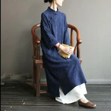 Cotton Linen Retro Dress Robe Cheongsam Women Chinese Qipao Dress Sleeve D555