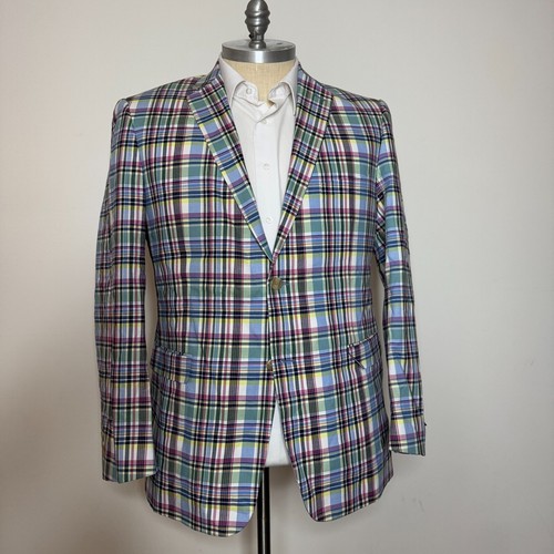 Saddlebred Blazer Sport Coat Mens 46L Blue Check Madras Cotton