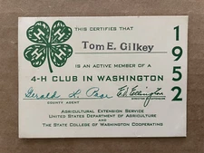 Vintage 1952 4-H MEMBERSHIP CARD Club in Washington Tom Gilkey