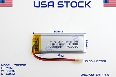 3.7V 700mAh 702050 Lithium Polymer LiPo Rechargeable Battery (USA STOCK)