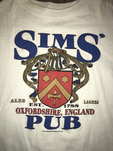 Camiseta vintage 1991 Los Sims' Pub Oxfordshire, Inglaterra RARA XL Usada en excelente condición Ales Lagers - Imagen 5 de 9