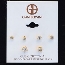 18K Gold Plated Sterling Silver CZ Stud Earrings NWT 65 3 Pair 3mm 4mm 5mm