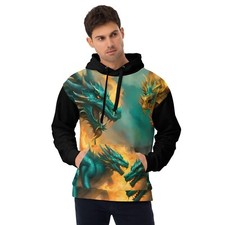 New Hoodie XS-6XL Unisex Fit Pullover Dragon Turquoise Black Long Sleeve Pocket