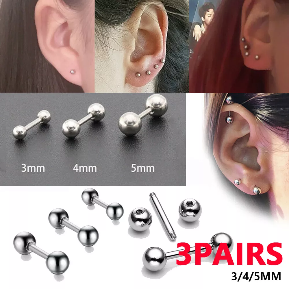 6X Silver Ear Stud Surgical Steel Barbell Stud Earrings Screw Ball Back Piercing
