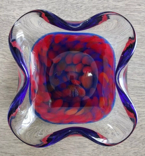 Vintage Murano Style Art Glass Candy Dish with Rolled Edges-Clear/Blue/Red-Cased