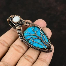 Friendship Day Sale Natural Arizona Turquoise Rainbow Moonstone Pendant Copper