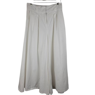 Womens White Cotton Wide Leg Culotte Pants Pleated High Waist L Baggy Coastal 