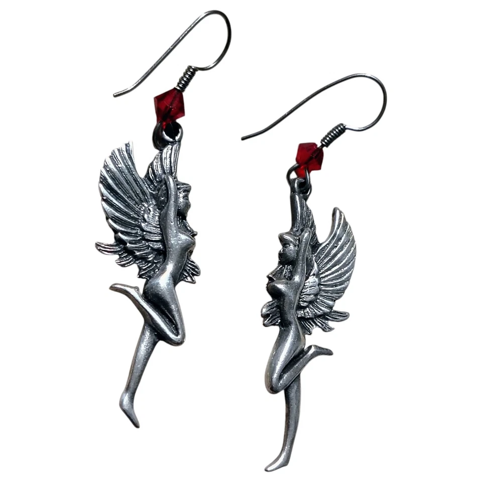 Danza de hadas 925 plata de ley facetada granate rojo, pendientes de gancho, alas de ángel  Foto 2 de 2