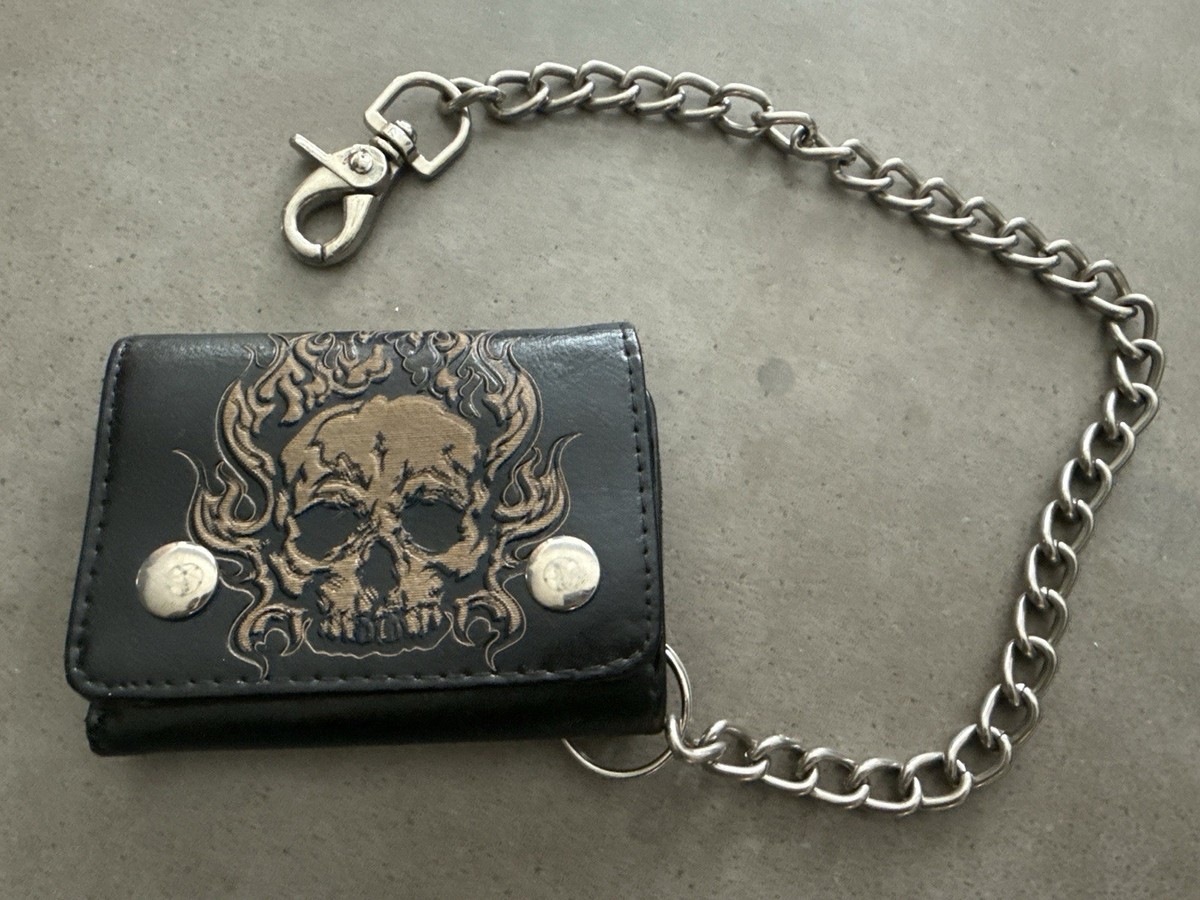Genuine Leather Skull Biker Wallet Chain Trifold Gothic Rocker
