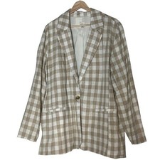 A New Day Gingham Plaid Linen Blend Boyfriend Blazer Size XXL Tan White Preppy