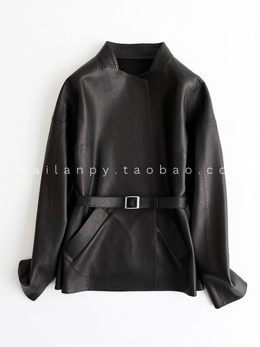 Echtleder Damen Kurzjacke Stehkragen Gürtel Mäntel Mäntel Biker - Bild 10 von 20