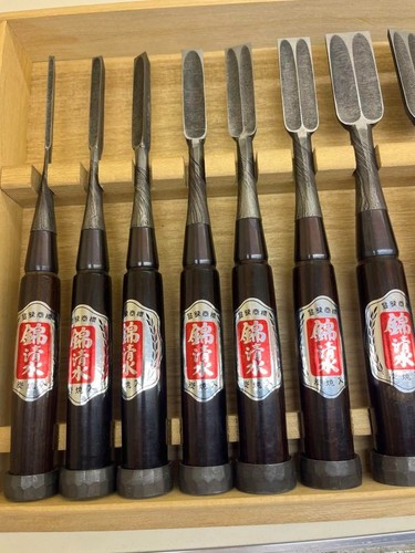Nishiki Kiyomi scalpelli da banco giapponesi Oire Nomi Mokume damascato set di 10 inutilizzati - Foto 4 di 10