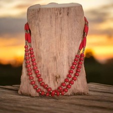Vintage Double Strand Beaded Red Necklace With Silvertone Spacers.