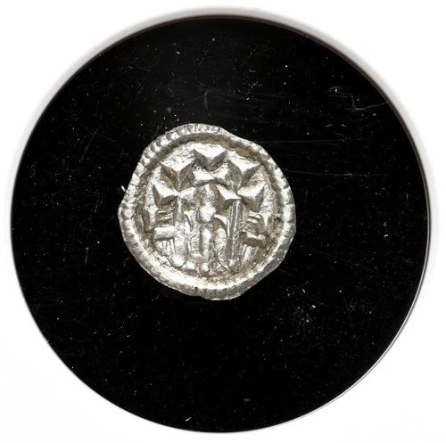 HUNGARY. Stephen II, 1116-1131, Silver Denar, 3 Crosses on Golgotha, NGC MS UNC