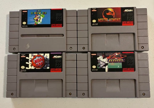 Super Nintnedo SNES Game Lot Super Mario World NBA Jam Mortal Kombat Baseball