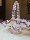 Fenton Morning Glory Hummingbird Iridescent Ribbon Candy Basket Read