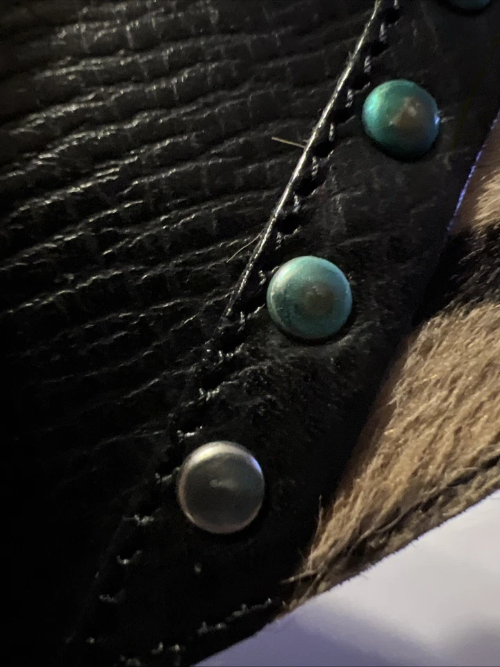 Vintage WIDE- LINEA PELLE Solid Brass Buckle Studded Belt W/Zebra Hair- Size Med - Image 4 of 4