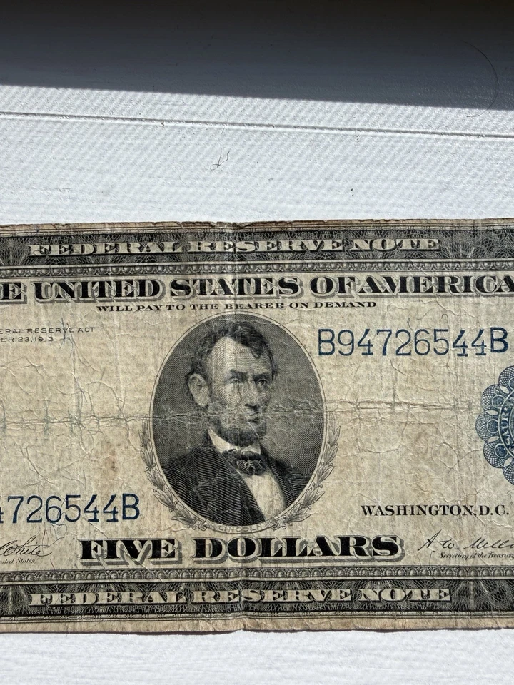 1914 $5 Federal Reserve Note Large 2B New York, NY Blue Seal Large Note - Image 4 of 4