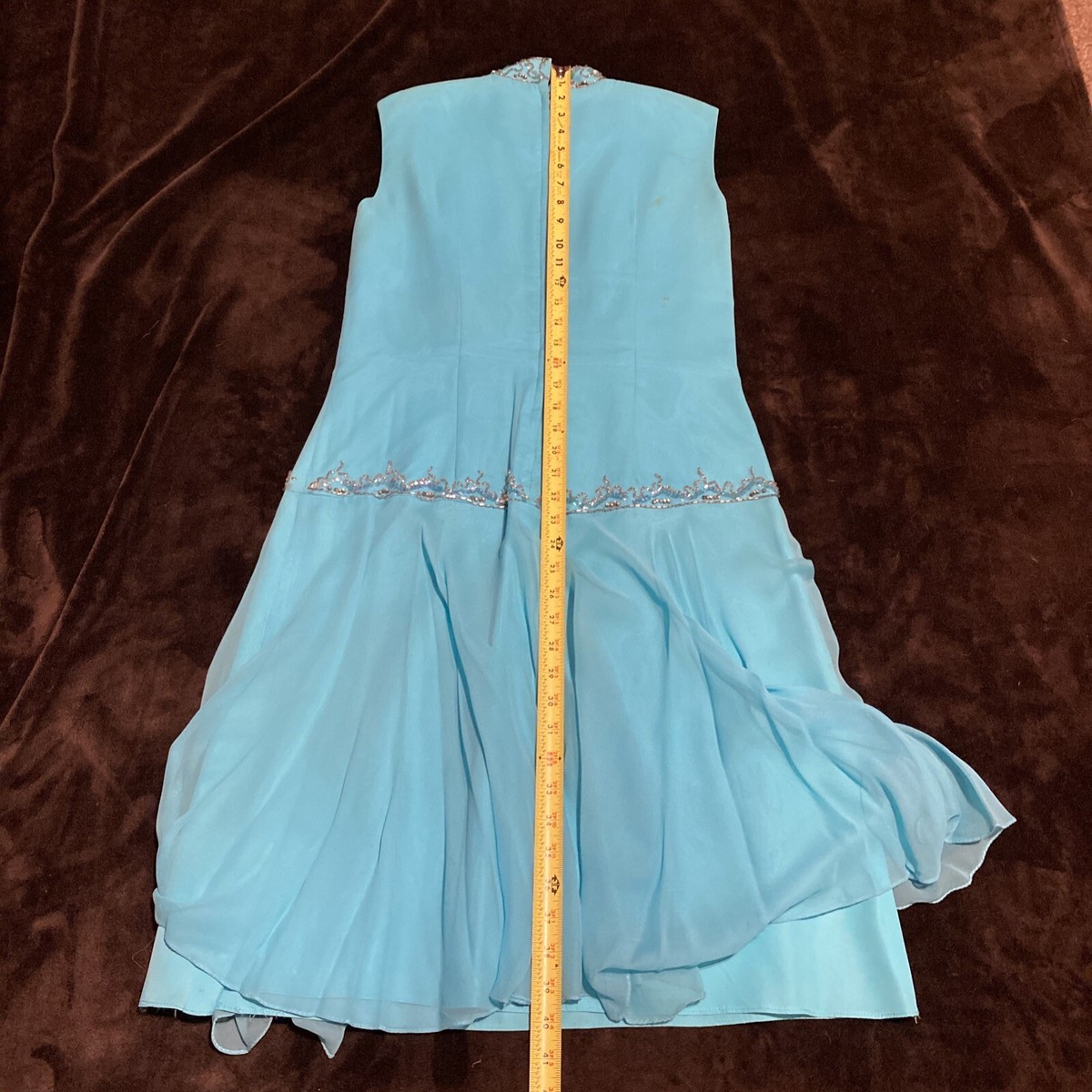 Vtg 1950's 60s Beaded Dress Turquoise Blue M Fitted Pleated