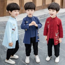 Ancient Chinese Hanfu Toddler Kid Boy 2pcs Jacket Tops And Pants Embroidery Suit