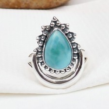 Blue Larimar Gemstone Ring Half Moon Ring 925Sterling Silver 1st AnniversaryGift