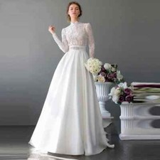 Elegant A-Line Wedding Dresses High Neck Long Sleeves Lace Applique Bridal Gowns