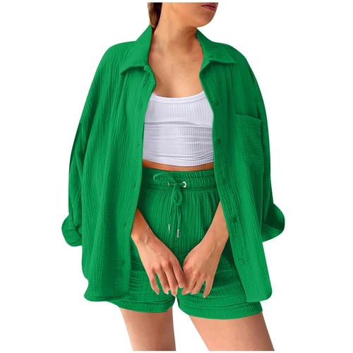 Sommer Damen Musselin Bluse Shirt und Shorts Kleidung Set Strand Outfit Zweiteiler - Bild 4 von 45