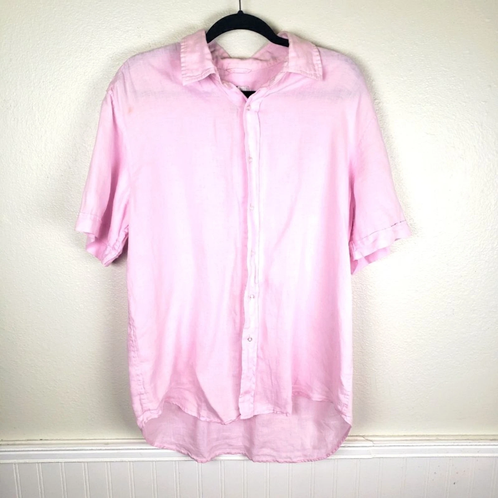 Saks Fifth Avenue Men's Baby Pink Short Sleeve 100% Linen Shirt size XL