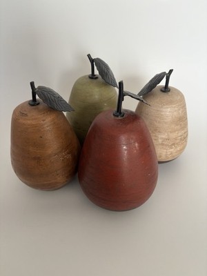 Ceramic Pear Figurines Metal Stem Leaf - Different Colors Farmhouse Set Of 4