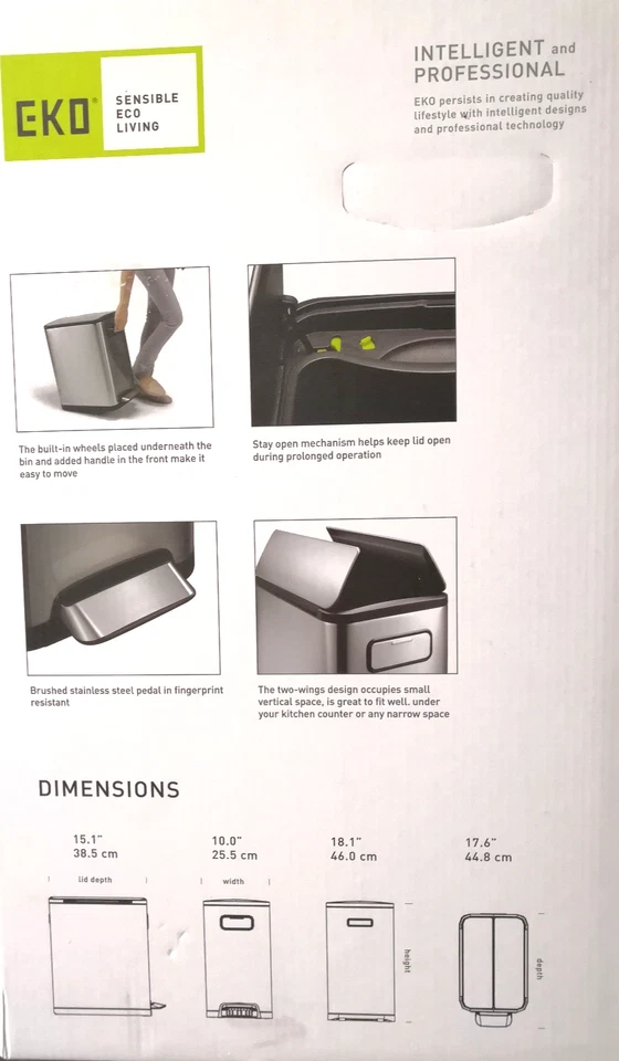 EKO Ecofly Mülleimer Edelstahl matt Treteimer 20L Abfallsammler Butterfly Deckel - Bild 3 von 4
