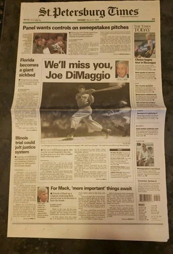 March 1999 St Petersburg Times Joe DiMaggio Passing