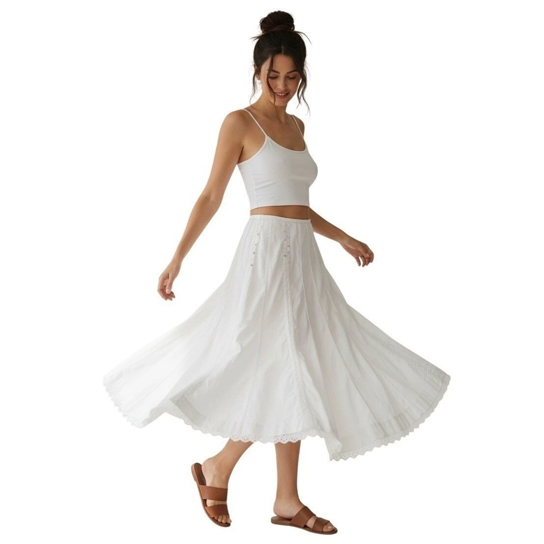 Intuitions Womens 12 White Linen Blend Maxi Skirt Eyelet Lace Trim Boho Fairy