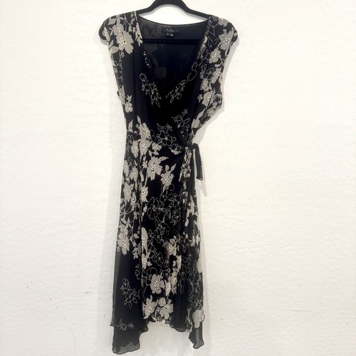 Vintage Y2K ECI Wrap Dress Womens 12 Black Floral Beaded Cocktail Silk Midi