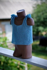 Handmade Crochet Girls Toddler Crop Top Light Blue Tie Strap Summer Cami Boho
