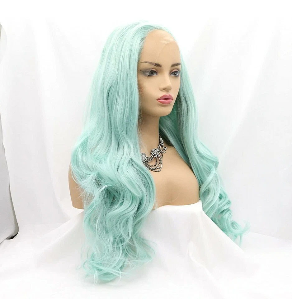 Peluca frontal de encaje HD azul como nueva capas largas arco iris humano mezclado disfraces sirena Foto 2 de 4