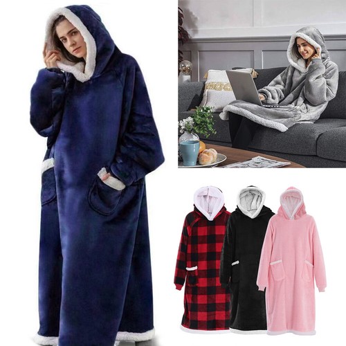UK Men&Women Extra Long Hoodie Blanket Oversized Hooded Sweatshirt Sherpa Fleece - Picture 2 of 45