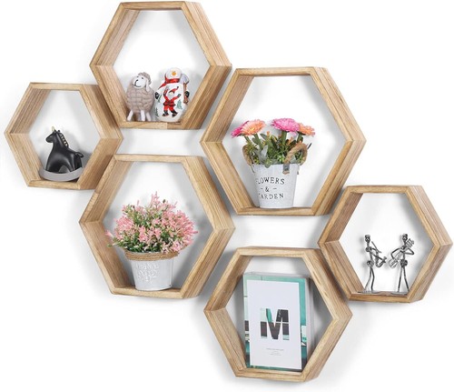 Set of 6 Hexagonal Floating Shelves Wall Mounted Wood Display Shelf for Kitchen