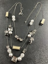 NY Signed Vintage Layered Bib Necklace 18” Yellow & Grey Lucite Beads Rhinestone