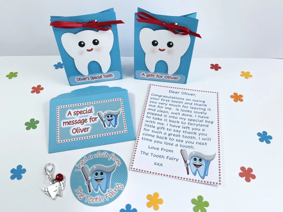 Personalised Tooth Fairy Letter And Gift Gift Bags Sticker First Tooth Blue