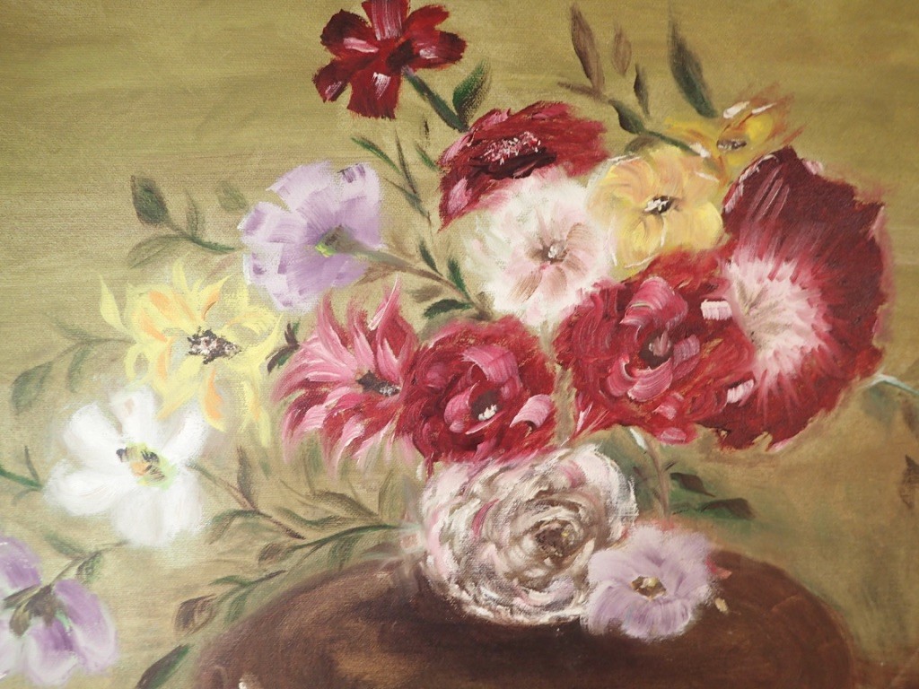 Esther P. Original Painting on Canvas Flowers in a Belly Vase Wood