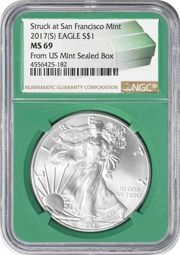 2017-(S) Silver Eagle Dollar MS69 NGC Struck at San Francisco Green Core ^